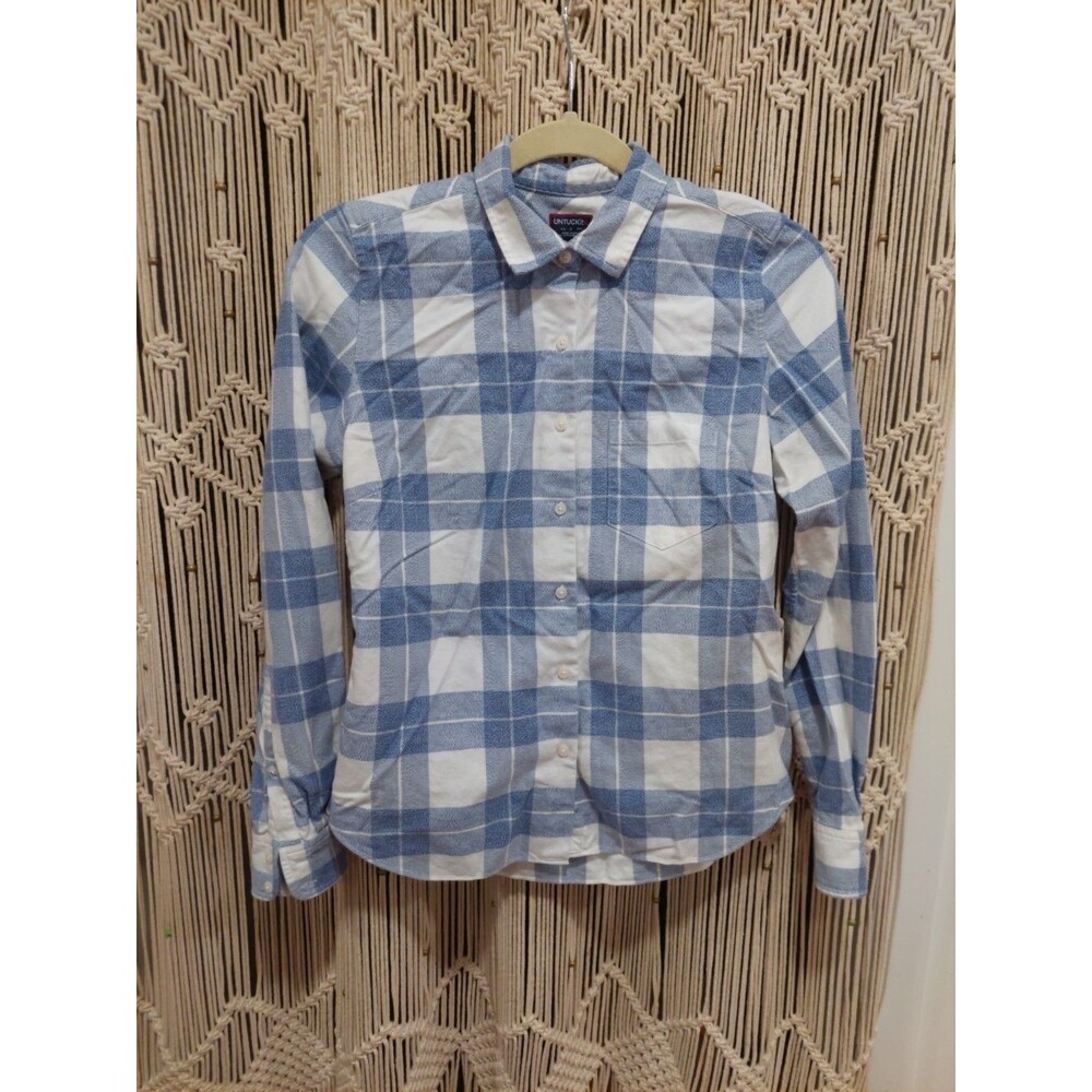 UNTUCKit Flanel Shirt Womens Sz 2  White Blue Plaid Casual Button Up Long Sleeve